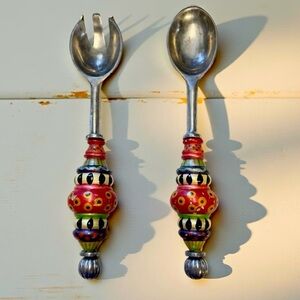 SouthCoast Folk Painted Handles Stainless Steel Salad Servers 12.5"